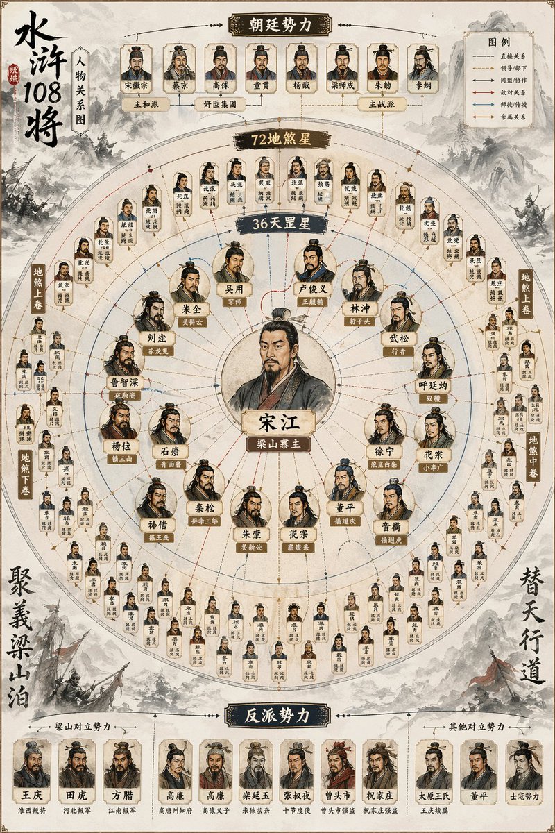Water Margin 108 Heroes Relationship Map — GPT Image 2 image prompt example