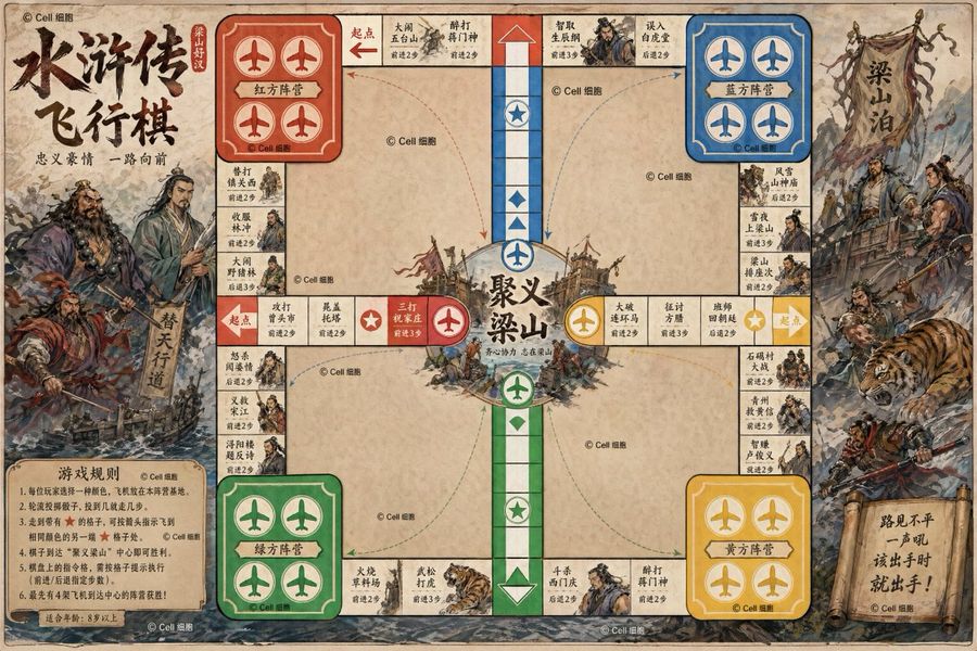 Water Margin Themed Flying Chess Board — GPT Image 2 image prompt example