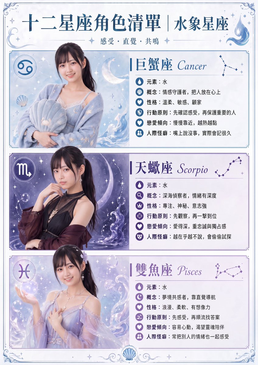 Water Signs Zodiac Character Poster — GPT Image 2 image prompt example