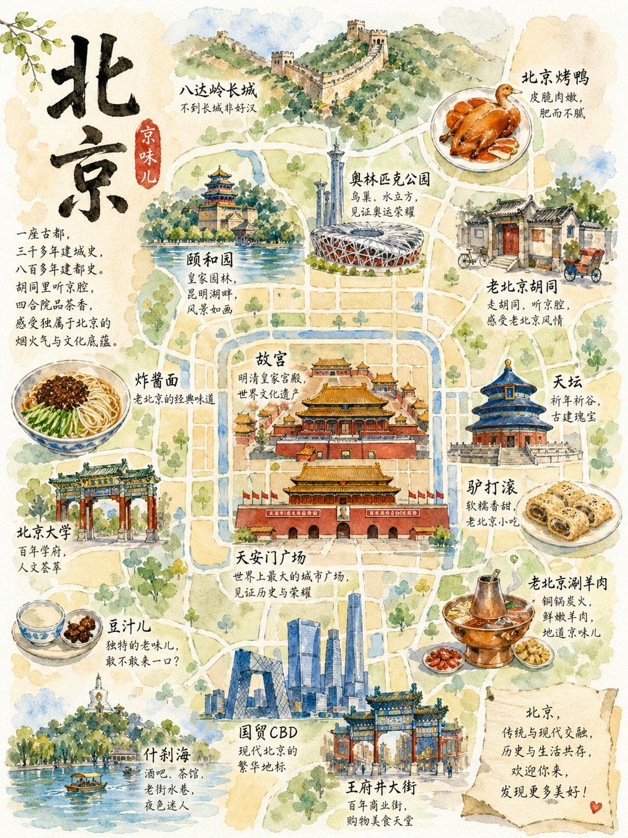 Watercolor Beijing Travel Map Poster — GPT Image 2 image prompt example