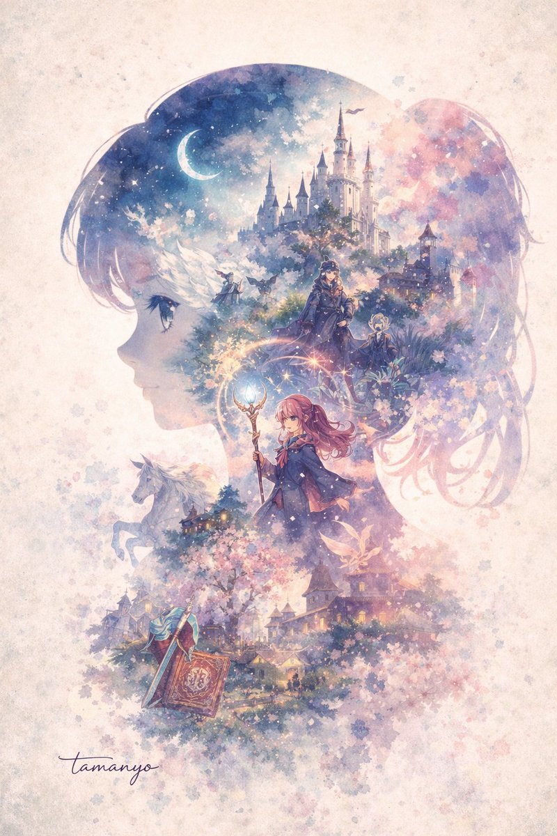 Watercolor Double Exposure Fantasy Silhouette — GPT Image 2 image prompt example