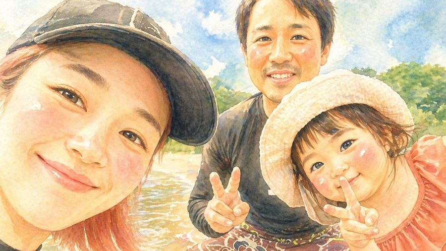 Watercolor Family Riverside Selfie — GPT Image 2 image prompt example