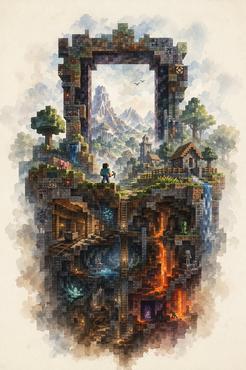 Watercolor Minecraft World Cross Section — GPT Image 2 image prompt example