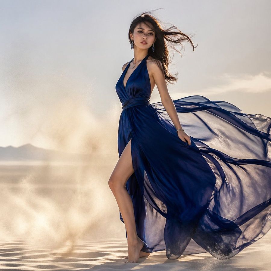Windblown Blue Gown Desert Editorial — GPT Image 2 image prompt example