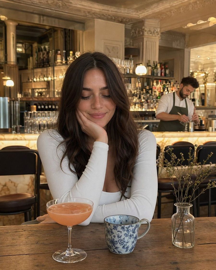 Woman At Elegant Bar Cafe Table — GPT Image 2 image prompt example