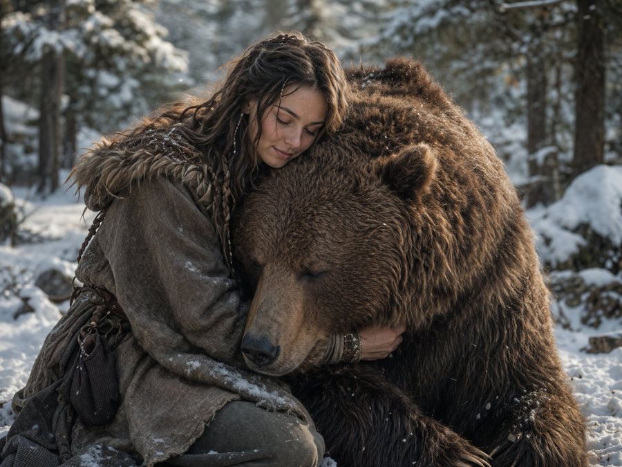 Woman Embracing A Bear In Winter — GPT Image 2 image prompt example