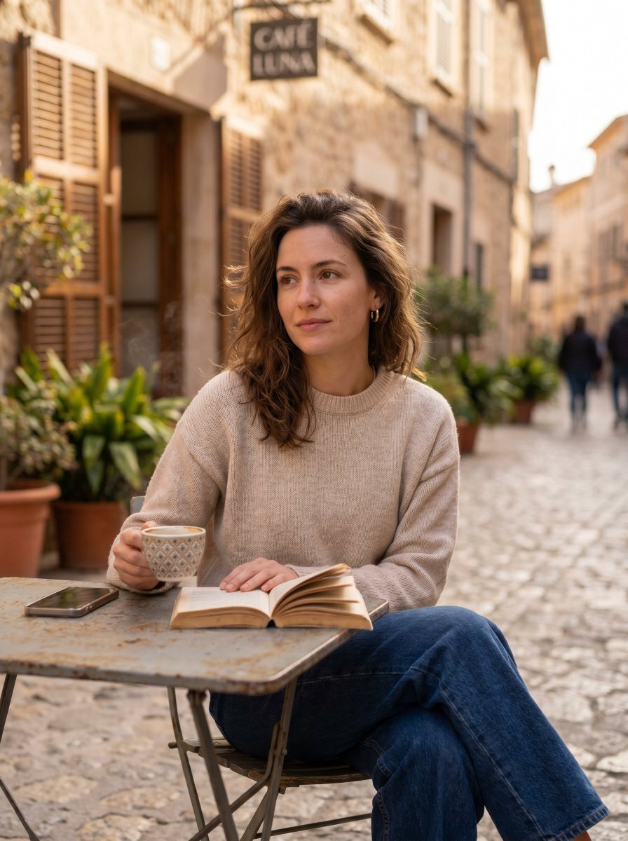 Woman Reading At European Street Caf — GPT Image 2 image prompt example