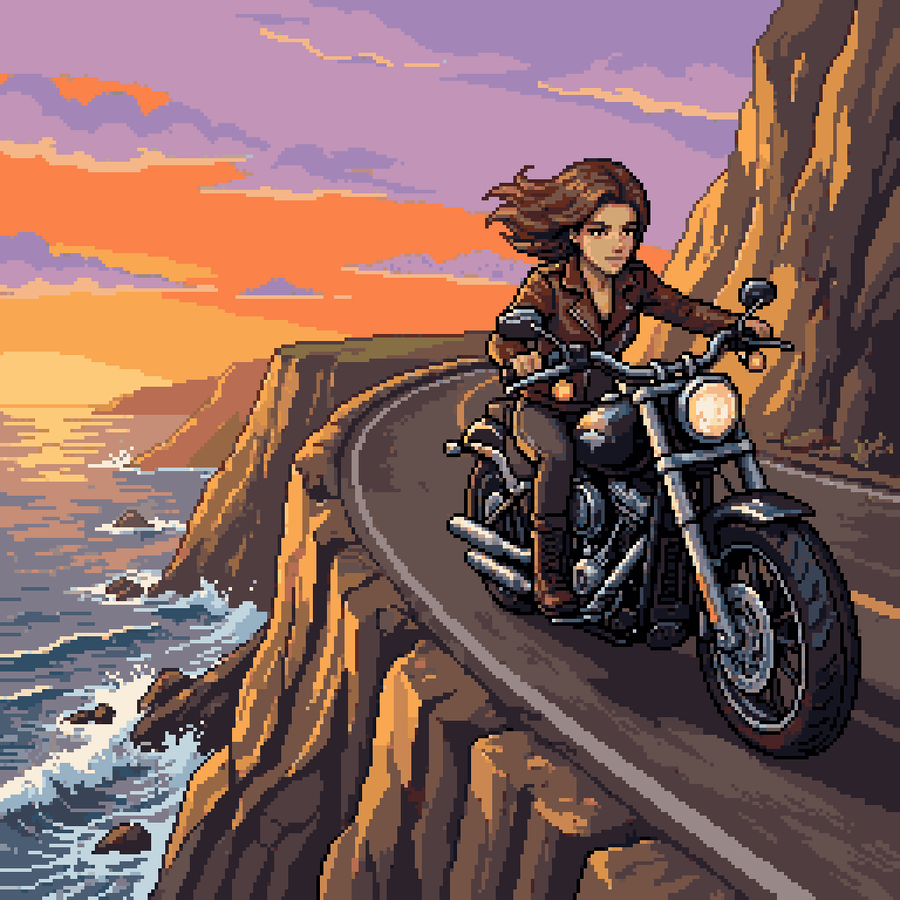 Woman Riding Motorcycle On Cliff Road — GPT Image 2 image prompt example