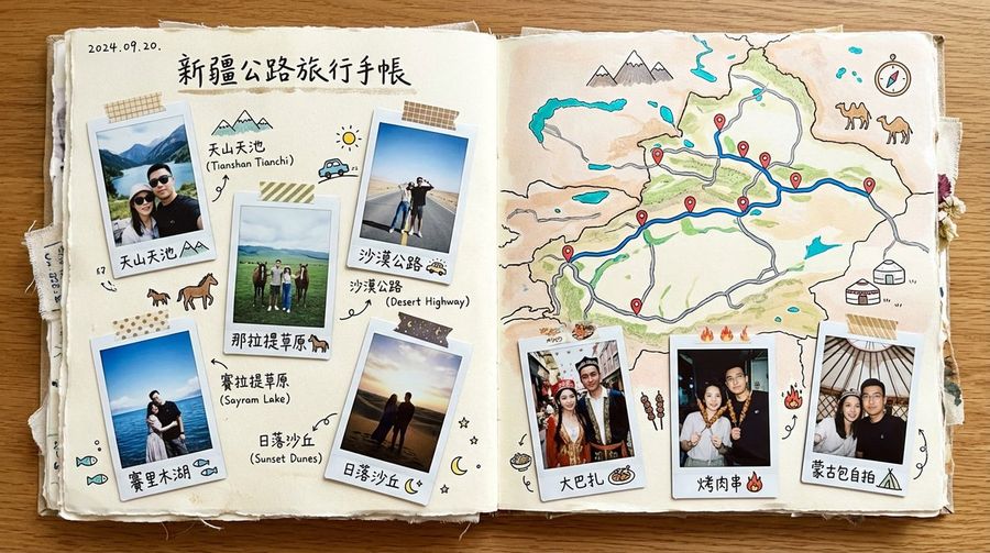 Xinjiang Road Trip Scrapbook Spread — GPT Image 2 image prompt example
