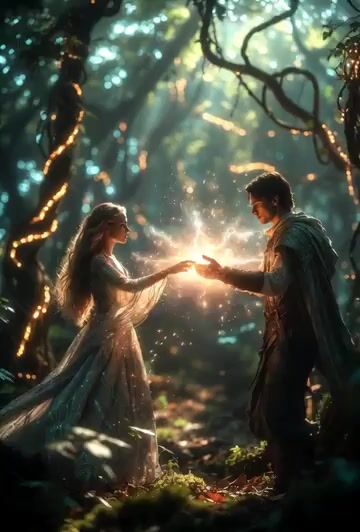 Cinematic Romantasy Scene, Glowing Enchanted Forest, Two Lovers — Grok Imagine video prompt example
