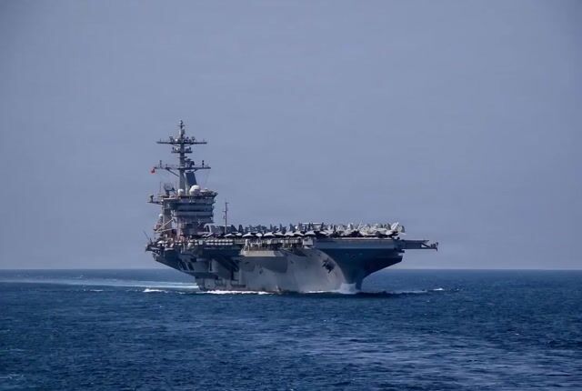USS Abraham Lincoln, Currently Operating in the Arabian Sea as Part — Grok Imagine video prompt example
