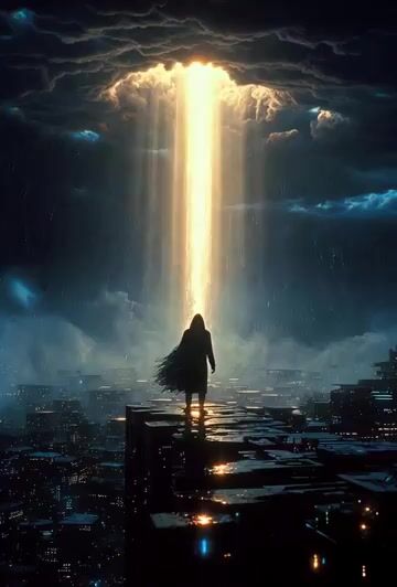 Lone Hooded Silhouette Stands on the Cracked Roof Edge of a Drowned — Grok Imagine video prompt example