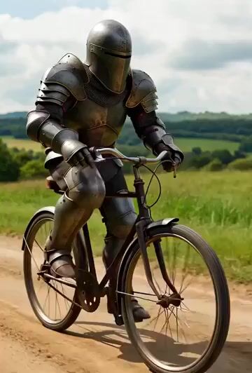 Live-action Animation of a Medieval Western Knight Riding a Bicycle — Grok Imagine video prompt example