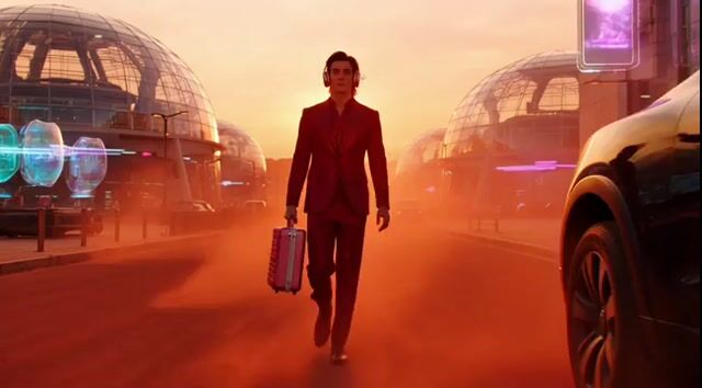 Cinematic Sci-fi Fashion Scene on Futuristic Mars City — Grok Imagine video prompt example