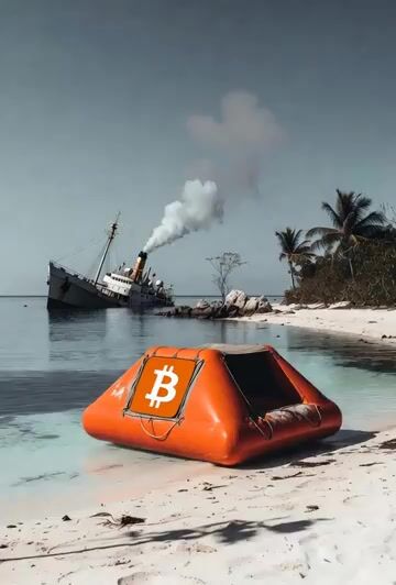 Bitcoin Liferaft Off Sinking Boat Landed on a Deserted Island, Show — Grok Imagine video prompt example