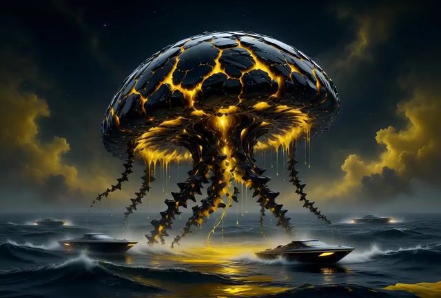 Image of a Cinematic Night Scene Over a Futuristic Ocean — Grok Imagine video prompt example