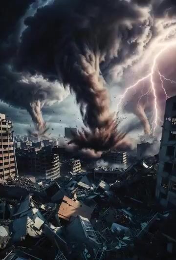 Apocalyptic Scene in a Devastated City with Multiple Massive — Grok Imagine video prompt example