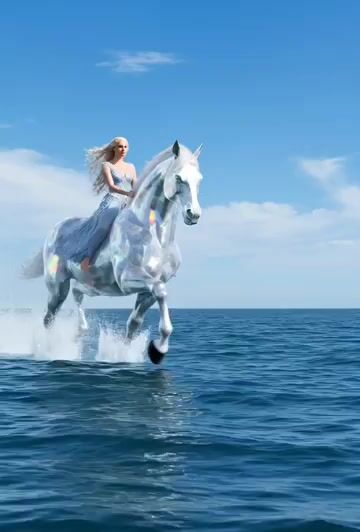 Huge Shiny Crystal Like Horse with an Elegant Beautiful Woman — Grok Imagine video prompt example