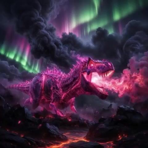 Colossal Pink Tyrannosaurus Rex Infused with Ancient Magic, Intense — Grok Imagine video prompt example
