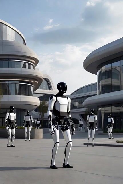 Beautiful Day , with Many Tesla Optimus Humanoid Robots Around — Grok Imagine video prompt example