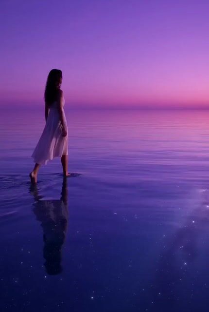 Lonely Traveler Walks Across a Vast, Glassy Sea Under a Purple — Grok Imagine video prompt example