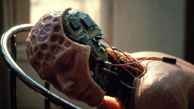 Cyborg Serenity Cradle Where Mismatched Wet-neuron and Dry-trace — Grok Imagine video prompt example