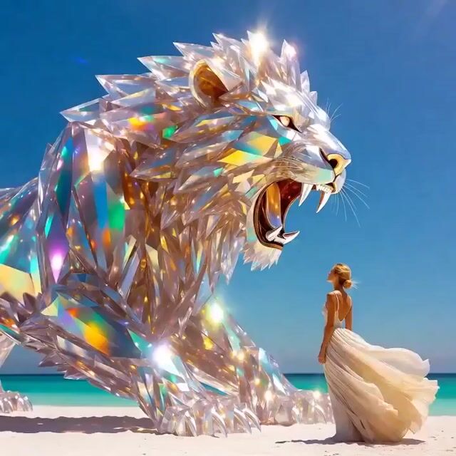 Um Enorme LeãO De Cristal, Semelhante a Um Diamante, Ruge Na Praia — Grok Imagine video prompt example
