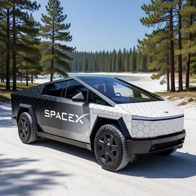 Cybertruck Wrapped in a SpaceX Starship Motif Include Hexagonal Tiles — Grok Imagine video prompt example