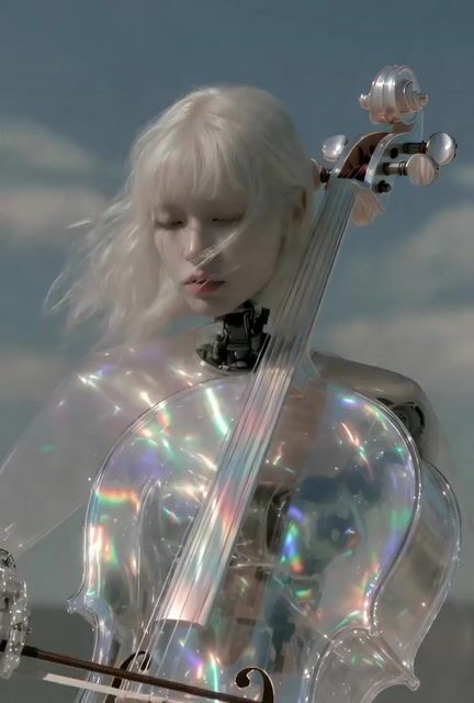 Young Asian Woman with Robotic Neck Plays a Translucent Cello Against — Grok Imagine video prompt example