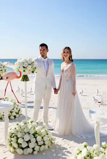 Man and Woman at an All White Wedding with Flowers on the Beach — Grok Imagine video prompt example
