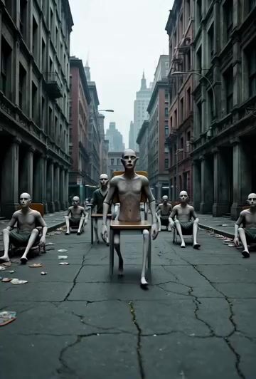 Distophia Where Everyone Looks Like a Living Chair in the World — Grok Imagine video prompt example