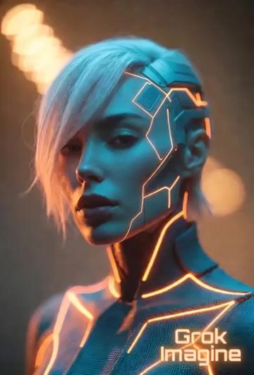 Cinematic Close-up of Futuristic Woman, Blue Metallic Skin, Short — Grok Imagine video prompt example