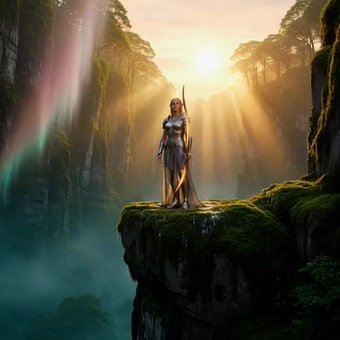 Epic Fantasy Dawn Over Mist-shrouded Ancient Forest Cliffs, Ethereal — Grok Imagine video prompt example