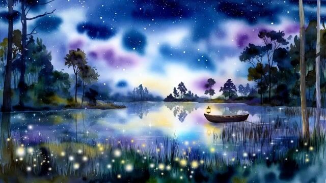 Watercolor Illustration of a Quiet Forest Lake Glowing Under a Starry — Grok Imagine video prompt example