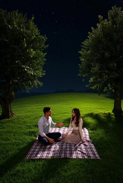 Man and Woman Sit on Plaid Picnic Blanket on Top of Grassy Hill — Grok Imagine video prompt example
