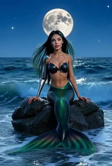 Ethereal Russian Robot Mermaid with Long Black Hair and Green — Grok Imagine video prompt example
