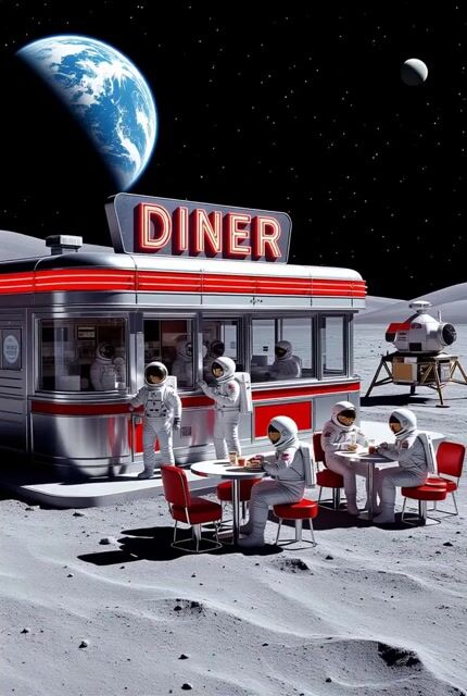 Tesla DINER Sign Is Gently Flashing, One Astronauts Is Waving — Grok Imagine video prompt example