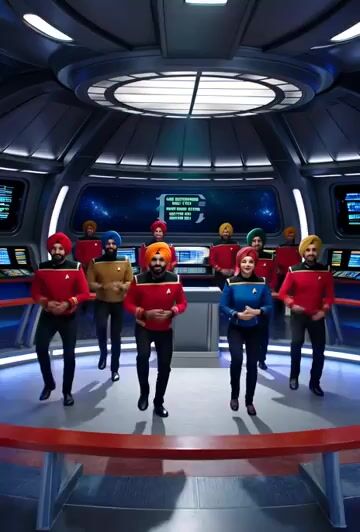 Turban Wearing Men and Women Crew Members in Uniforms Bollywood — Grok Imagine video prompt example