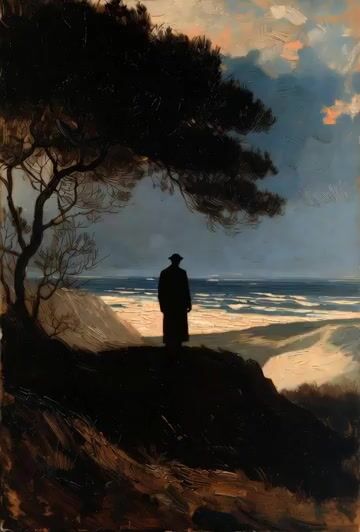 Silhouette of a Man Standing on Top of Hills Under a Large Tree — Grok Imagine video prompt example