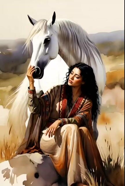 Watercolor Painting of a Gypsy Woman and White Horse in a Serene — Grok Imagine video prompt example