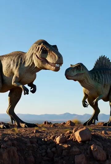 T-Rex and Spinosauras Are Standing on the Edge of a Cliff and Facing — Grok Imagine video prompt example