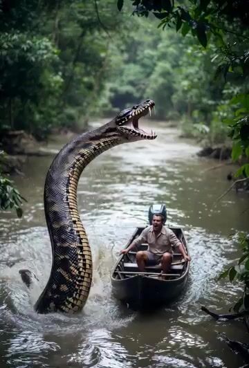 Giant Anaconda Attacking a Man Who Is Riding in a Small Boat — Grok Imagine video prompt example