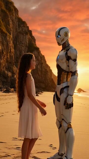 Little Girl with Long Curly Hair Standing on the Beach at Sunset — Grok Imagine video prompt example