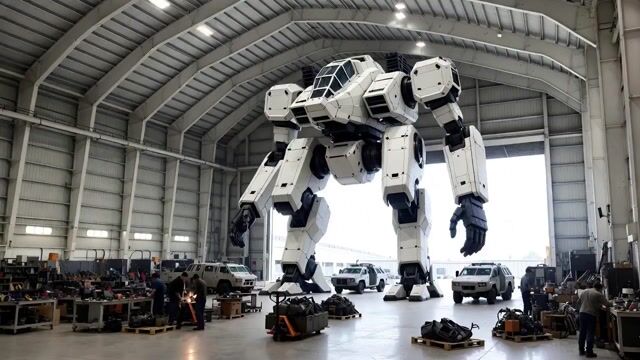 View from Inside an Aircraft Hangar with 50-Foot High Ceilings — Grok Imagine video prompt example
