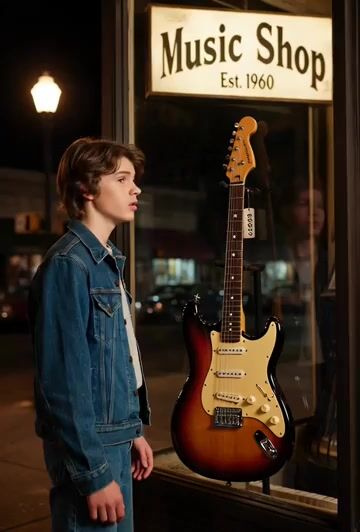 Video of a Teen Age Boy Looking Through a Music Shop Window at a 1969 — Grok Imagine video prompt example