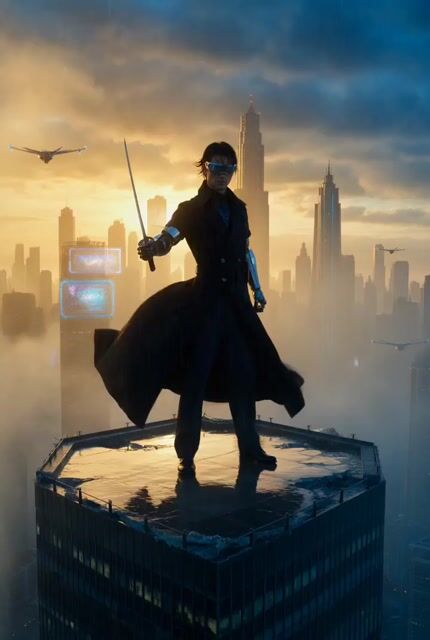 Lone Cyberpunk Samurai Stands Atop a Shattered Skyscraper — Grok Imagine video prompt example