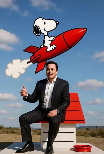 Elon Sitting on Snoopy’S Dog House Giving Snoopy a Thumbs Up Ad — Grok Imagine video prompt example