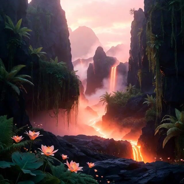 Breathtaking Volcanic Paradise at Golden Dawn, Massive Black Obsidian — Grok Imagine video prompt example