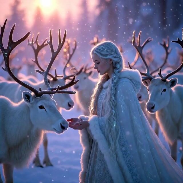 Serene Winter Fairy Tale Scene at Twilight in a Snow-covered Ancient — Grok Imagine video prompt example
