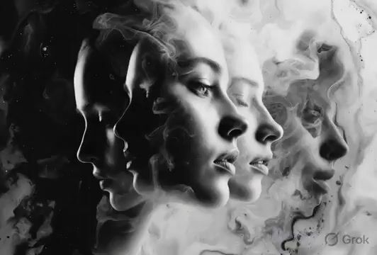 Surreal Black and White Photograph of Three Superimposed Female — Grok Imagine video prompt example